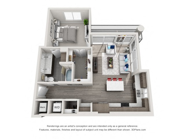 Floor plan for 1 bed, 1 bath, 869 sqft